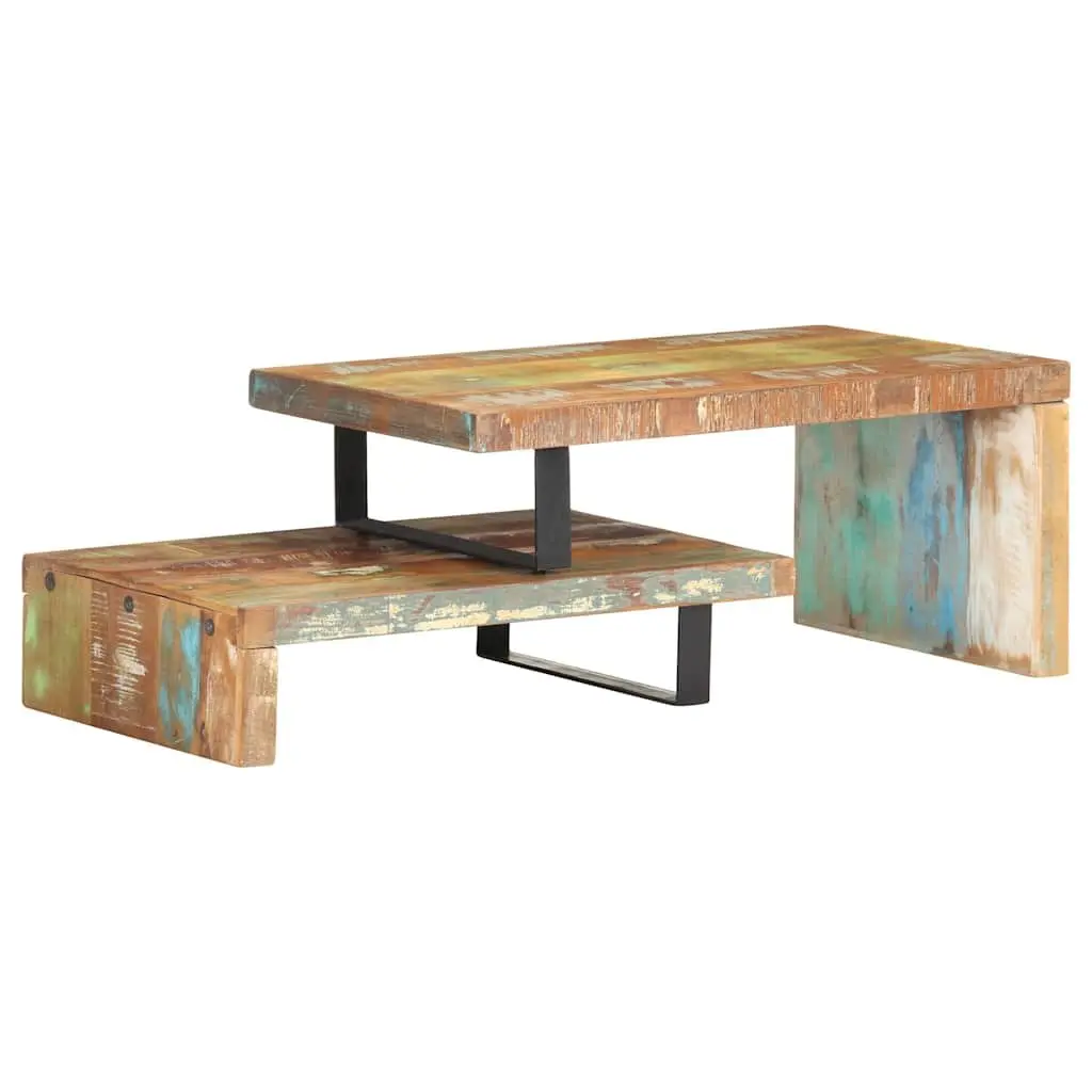 2 Piece Coffee Table Set Handmade Brown Solid Reclaimed Wood with Storage Shelf Iron Legs Living Room Furniture