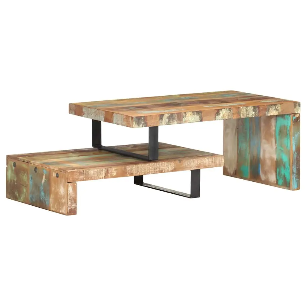 2 Piece Coffee Table Set Handmade Brown Solid Reclaimed Wood with Storage Shelf Iron Legs Living Room Furniture