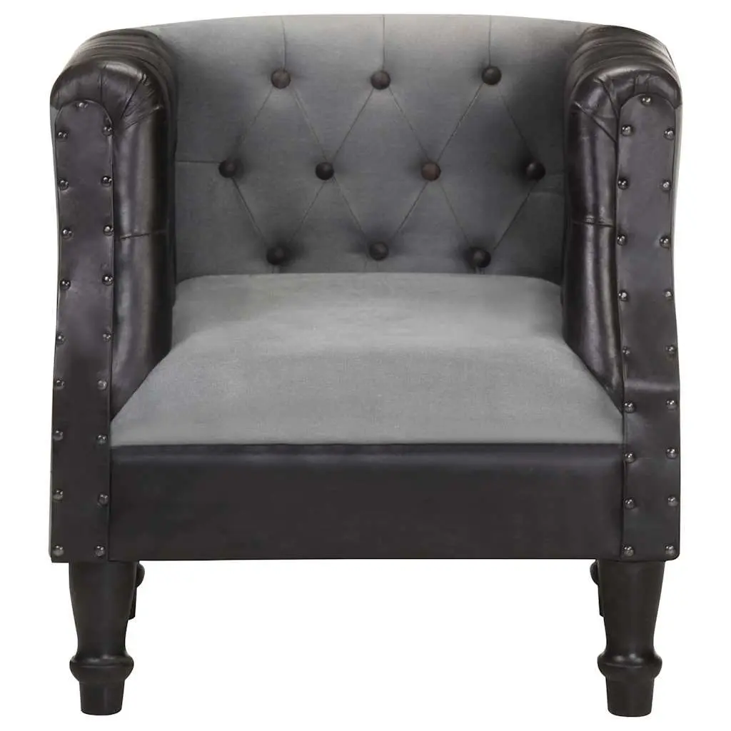 Tub Chair Real Goat Leather Black Padded Seat Curved Armrests Solid Mango Wood Legs