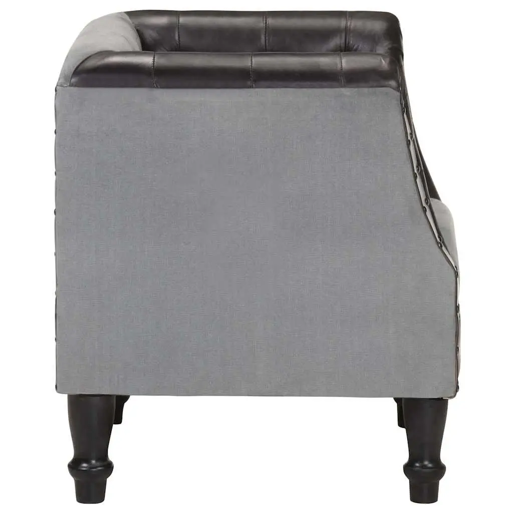 Tub Chair Real Goat Leather Black Padded Seat Curved Armrests Solid Mango Wood Legs