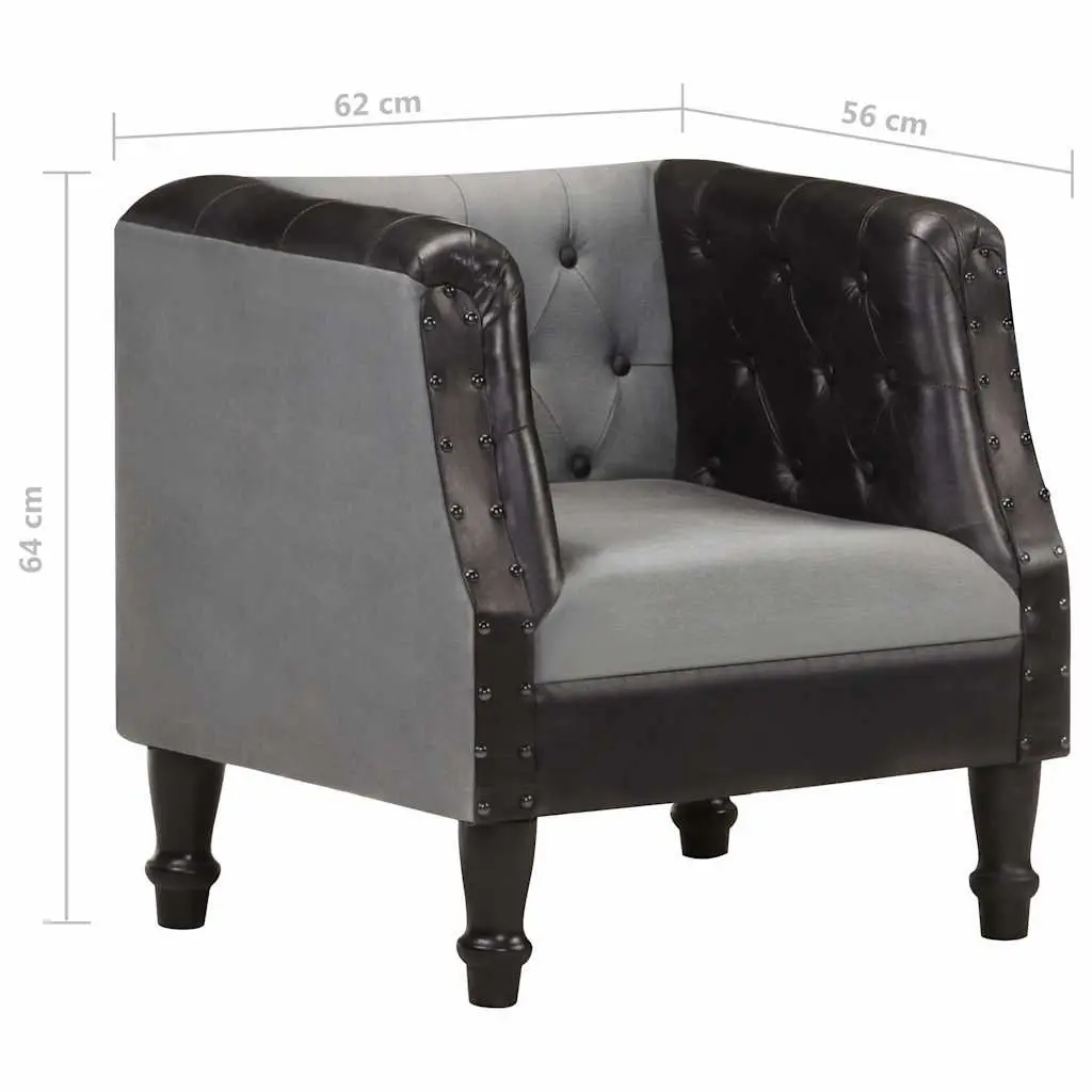 Tub Chair Real Goat Leather Black Padded Seat Curved Armrests Solid Mango Wood Legs