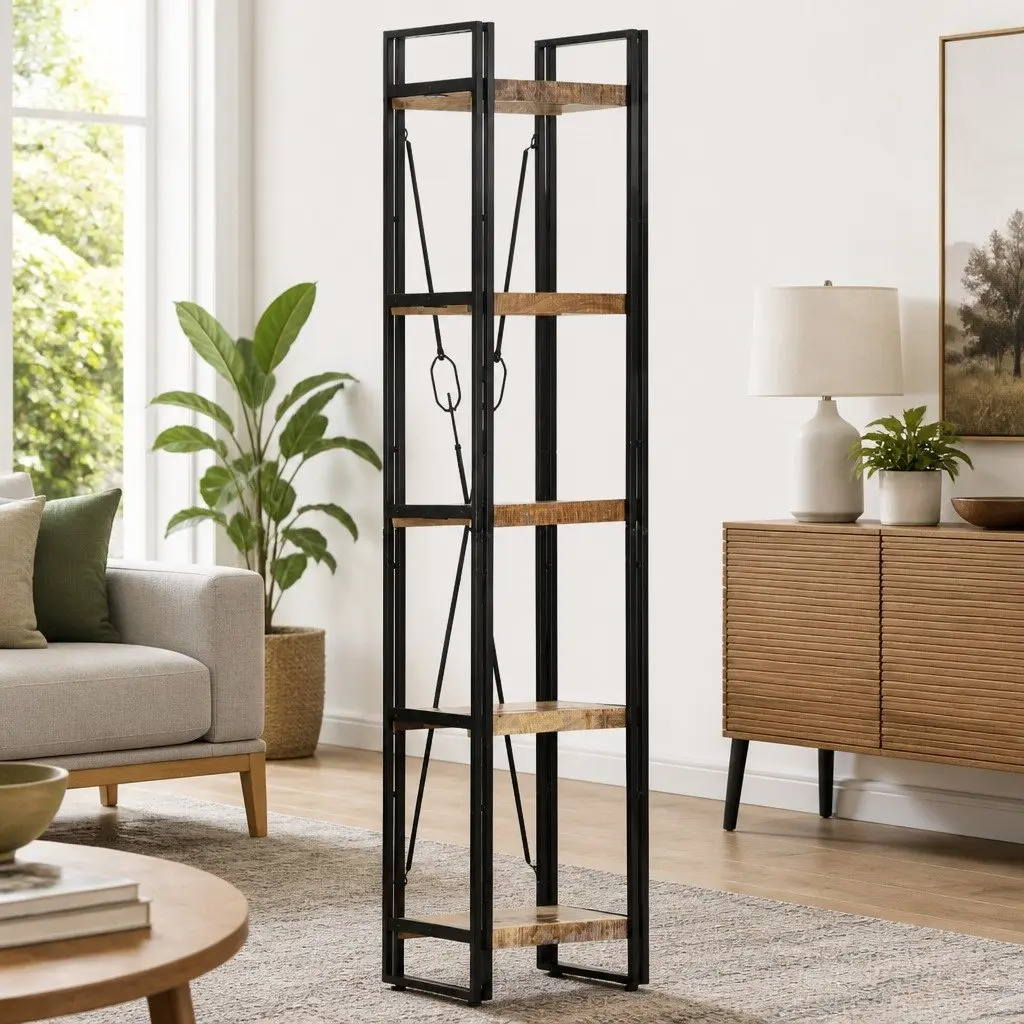 5-Tier Bookcase Solid Mango Wood 40x30x180 cm Brown Industrial Standing Shelf Storage