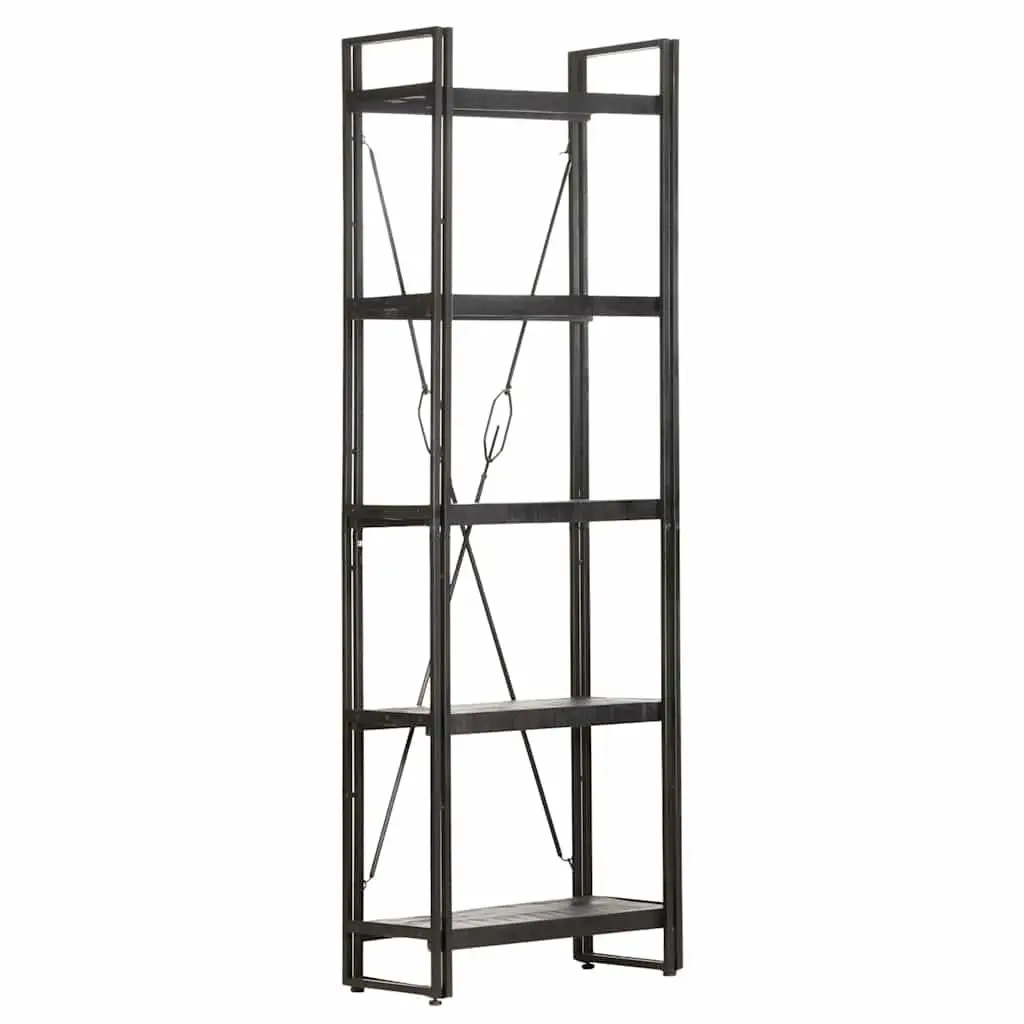 5 Tier Bookcase Solid Mango Wood Black Steel Frame Industrial Style Storage Display Unit