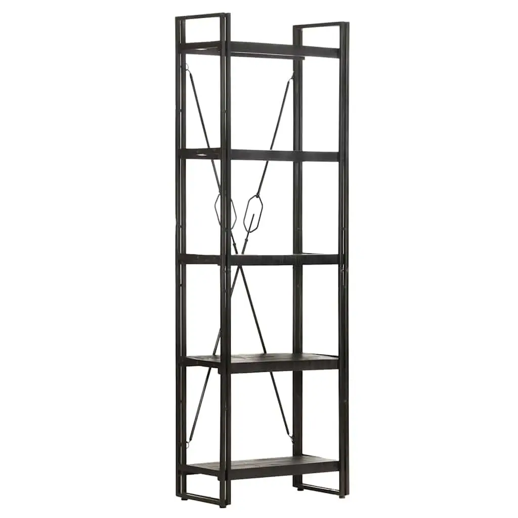 5 Tier Bookcase Solid Mango Wood Black Steel Frame Industrial Style Storage Display Unit