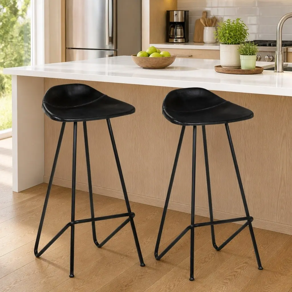 Bar Stools Leather Seat Iron Frame Industrial Style Black 2 Piece