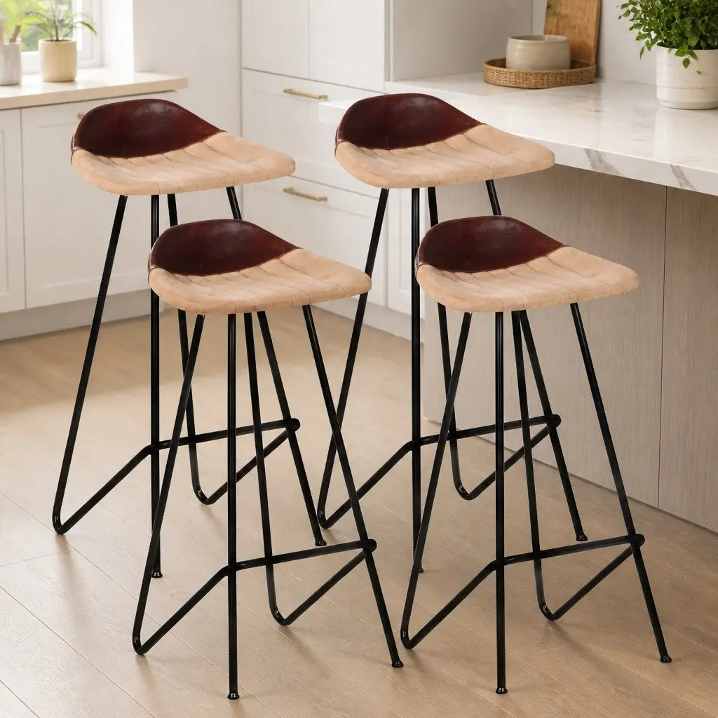 Bar Stools Industrial Style Powder-coated Iron Frame Brown Real Goat Leather Seat 4 Piece Set