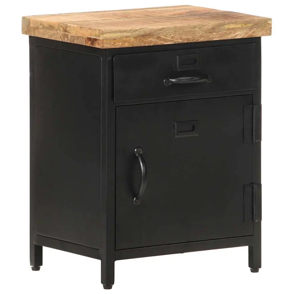 Bedside Cabinet Solid Rough Mango Wood 40x30x52cm Brown Industrial Style Nightstand with Drawer and Door