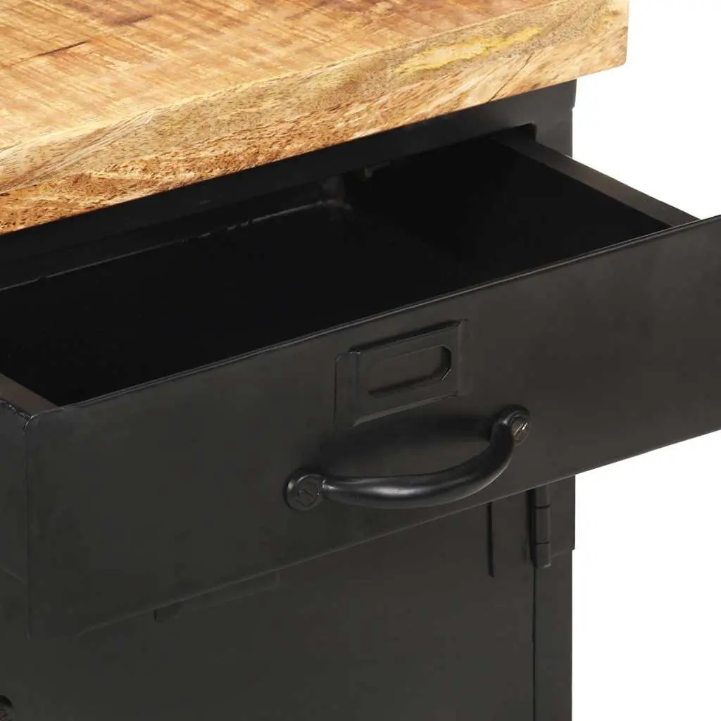 Bedside Cabinet Solid Rough Mango Wood 40x30x52cm Brown Industrial Style Nightstand with Drawer and Door