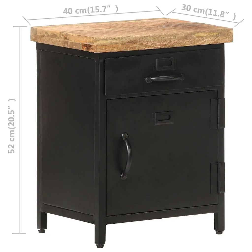 Bedside Cabinet Solid Rough Mango Wood 40x30x52cm Brown Industrial Style Nightstand with Drawer and Door