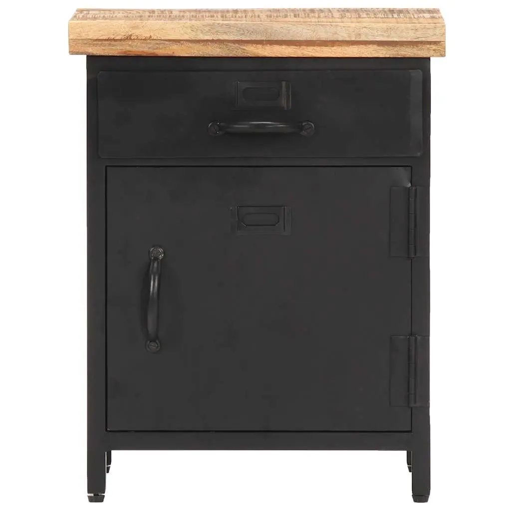 Bedside Cabinet Solid Rough Mango Wood 40x30x52cm Brown Industrial Style Nightstand with Drawer and Door