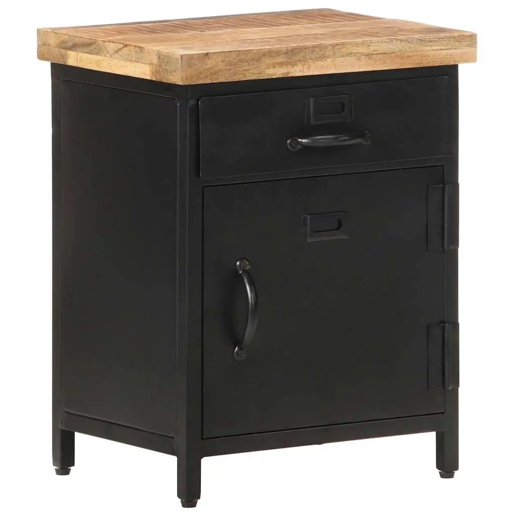 Bedside Cabinet Solid Rough Mango Wood 40x30x52cm Brown Industrial Style Nightstand with Drawer and Door