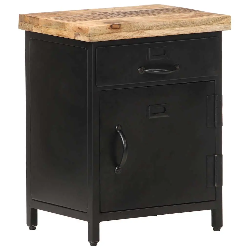 Bedside Cabinet Solid Rough Mango Wood 40x30x52cm Brown Industrial Style Nightstand with Drawer and Door