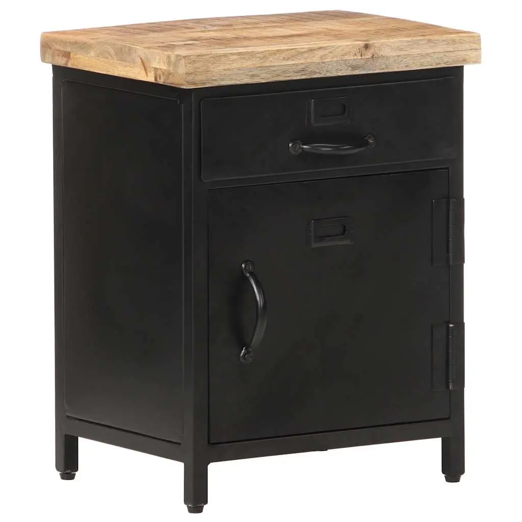 Bedside Cabinet Solid Rough Mango Wood 40x30x52cm Brown Industrial Style Nightstand with Drawer and Door