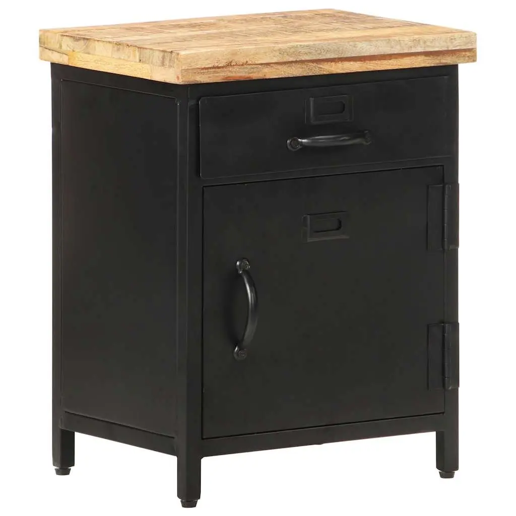 Bedside Cabinet Solid Rough Mango Wood 40x30x52cm Brown Industrial Style Nightstand with Drawer and Door