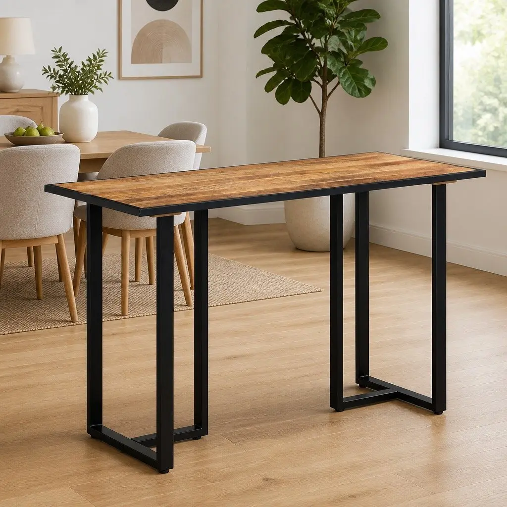 Mango Wood Dining Table 120cm Brown Rough Finish Kitchen Furniture with Iron Legs