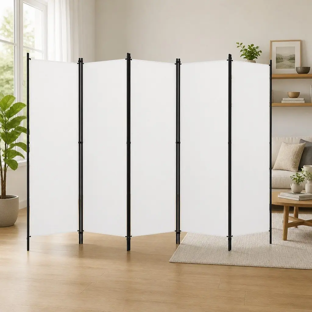 5-Panel Room Divider Freestanding Folding Privacy Screen White 250 x 180 cm Fabric Panels Powder-coated Iron Frame