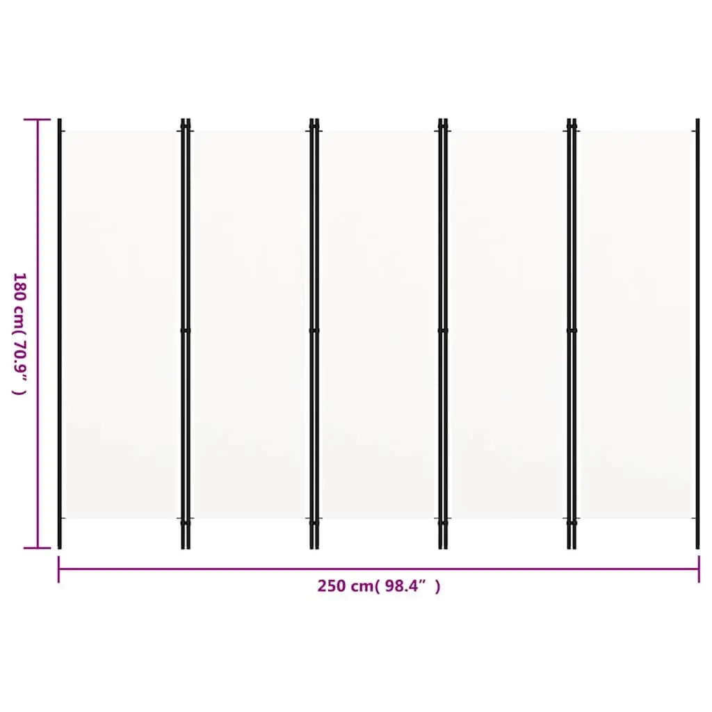 5-Panel Room Divider Freestanding Folding Privacy Screen White 250 x 180 cm Fabric Panels Powder-coated Iron Frame