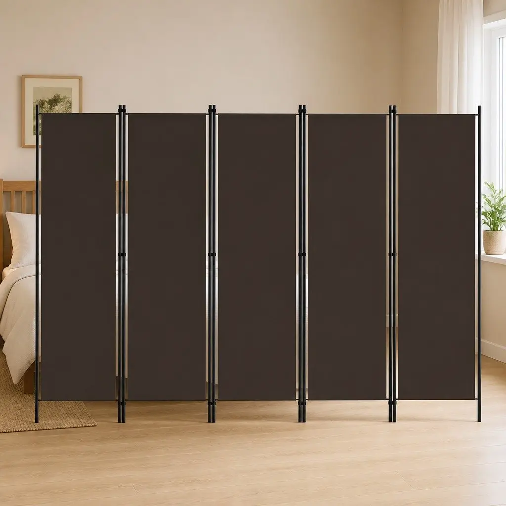 5 Panel Freestanding Room Divider Fabric and Iron Frame Brown 250 x 180 cm Folding Privacy Partition Screen for Bedroom Decor