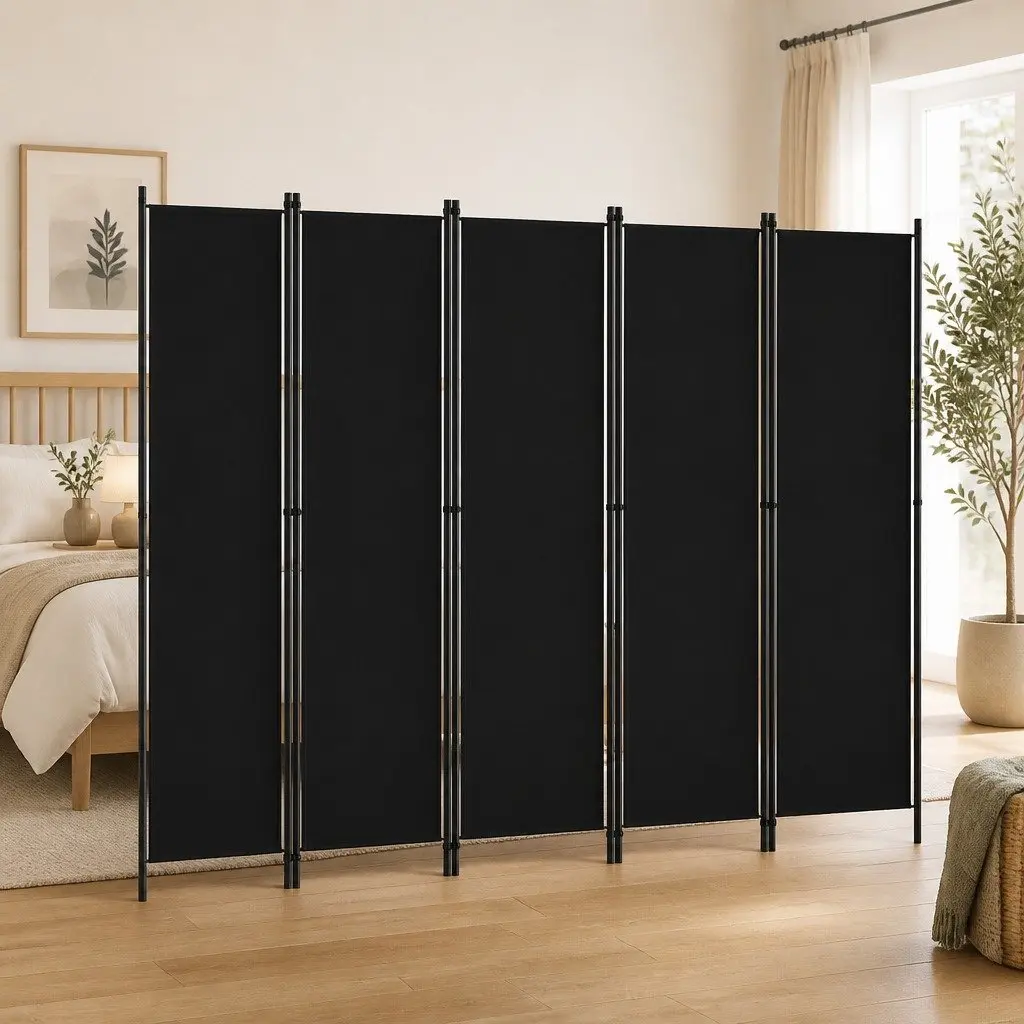 5-Panel Room Divider Freestanding Folding Privacy Screen Partition Fabric Black 250x180 cm
