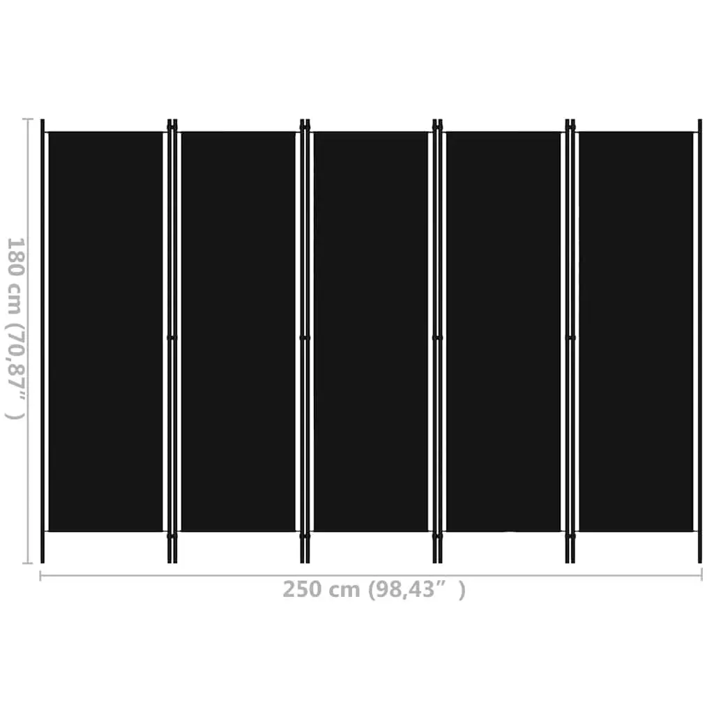 5-Panel Room Divider Freestanding Folding Privacy Screen Partition Fabric Black 250x180 cm