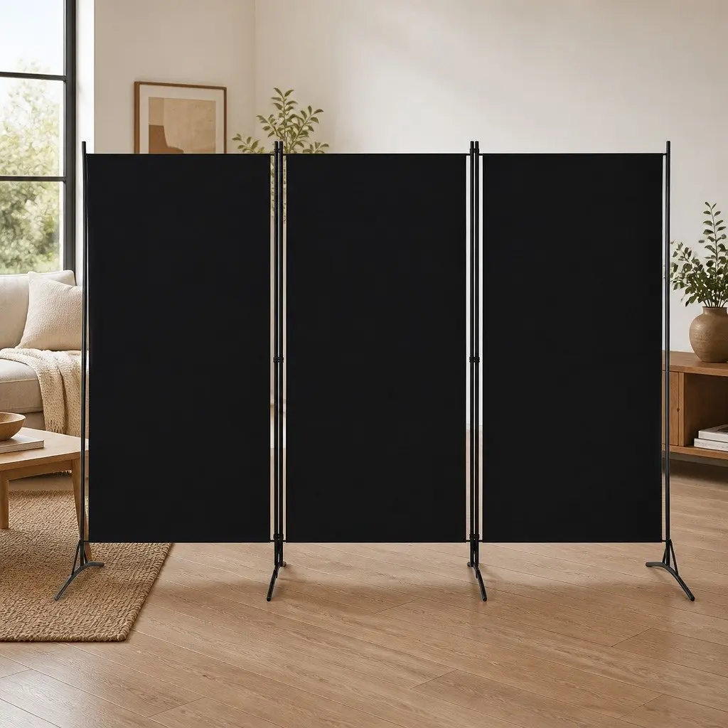 3 Panel Folding Screen Fabric Room Divider Black 260x180cm Partition for Living or Working Spaces