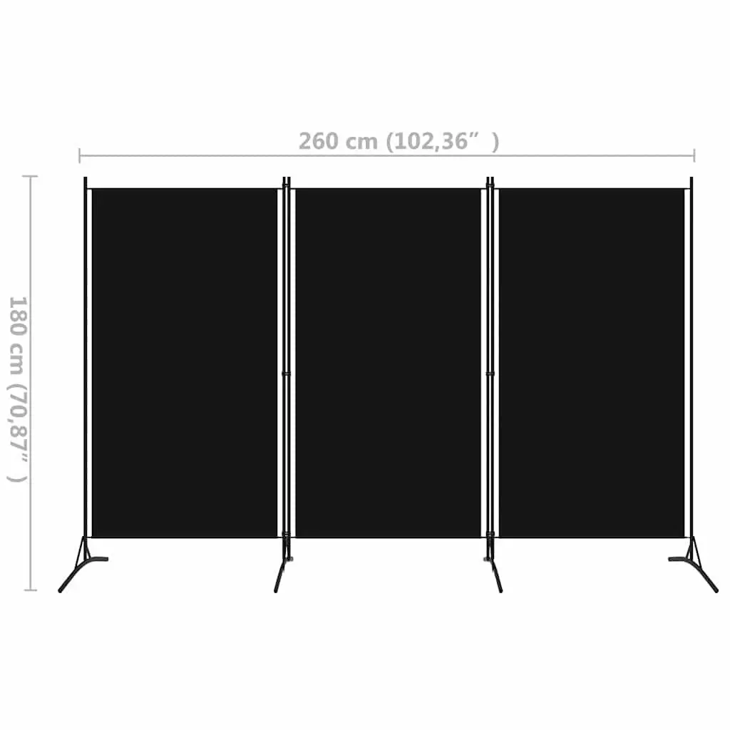 3 Panel Folding Screen Fabric Room Divider Black 260x180cm Partition for Living or Working Spaces