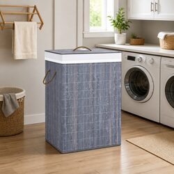 Bamboo Laundry Basket 2 Sections 72L Grey Foldable Hamper Household Storage