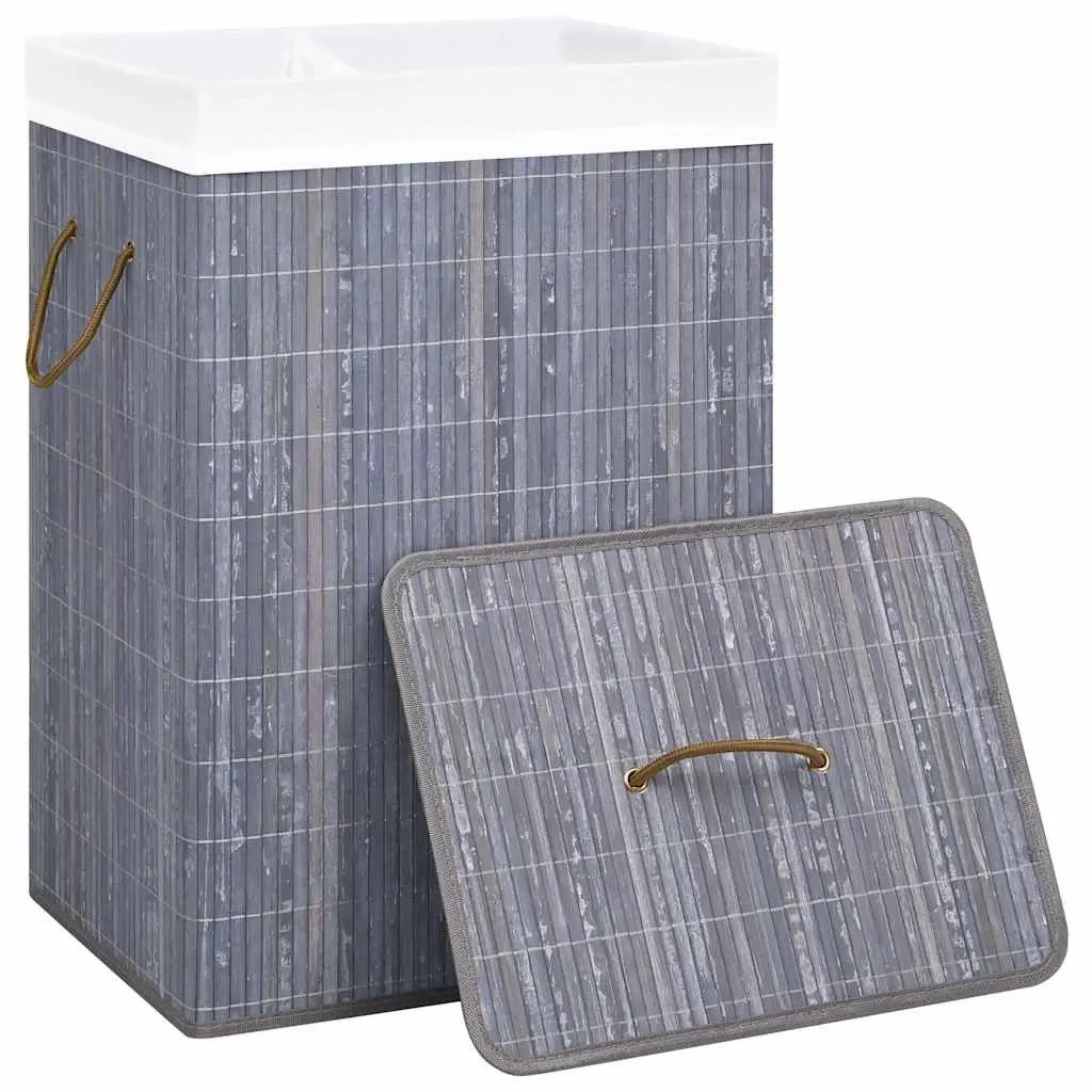 Bamboo Laundry Basket 2 Sections 72L Grey Foldable Hamper Household Storage