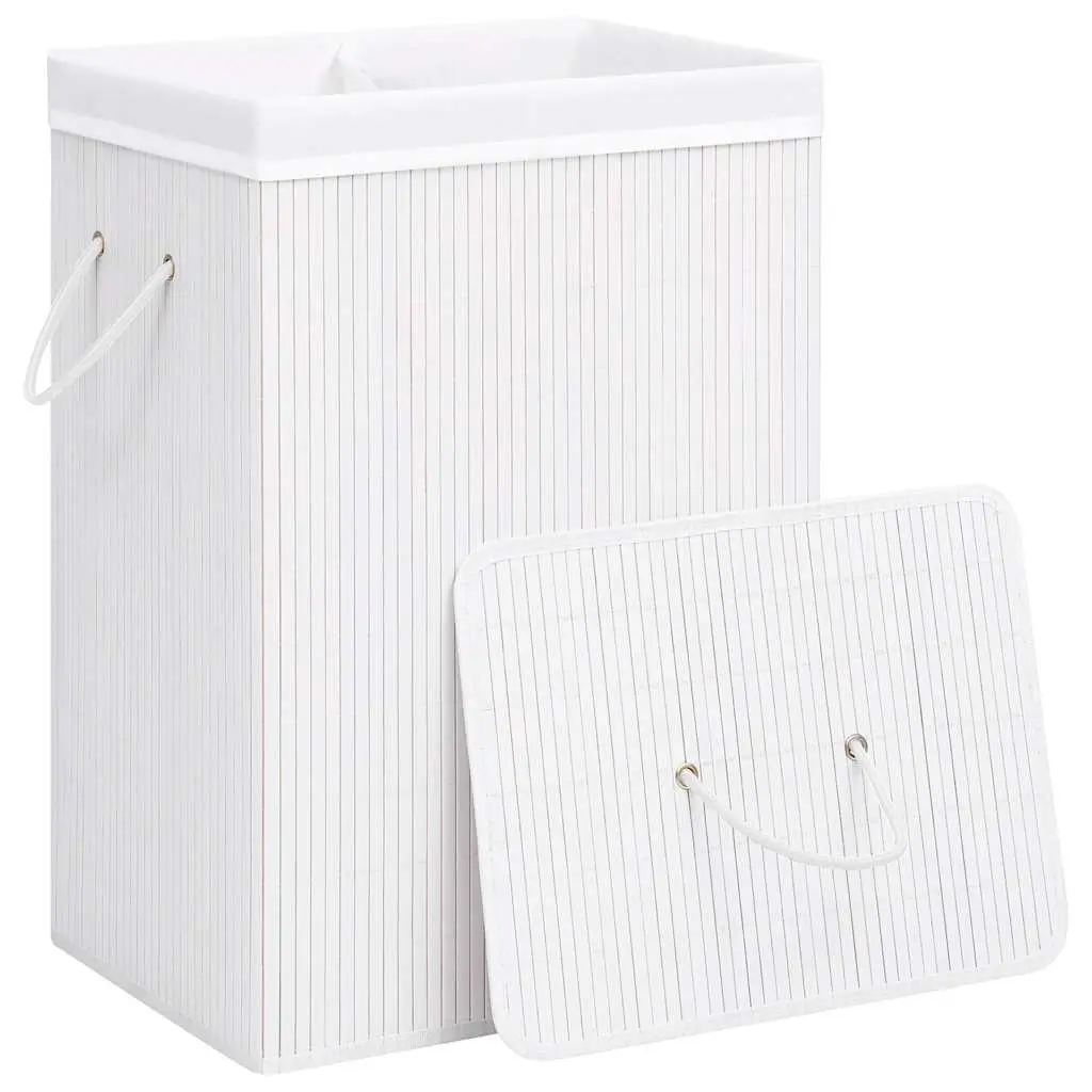 Bamboo Laundry Basket 72 Litres White Two Sections Removable Fabric Liner for Household Storage