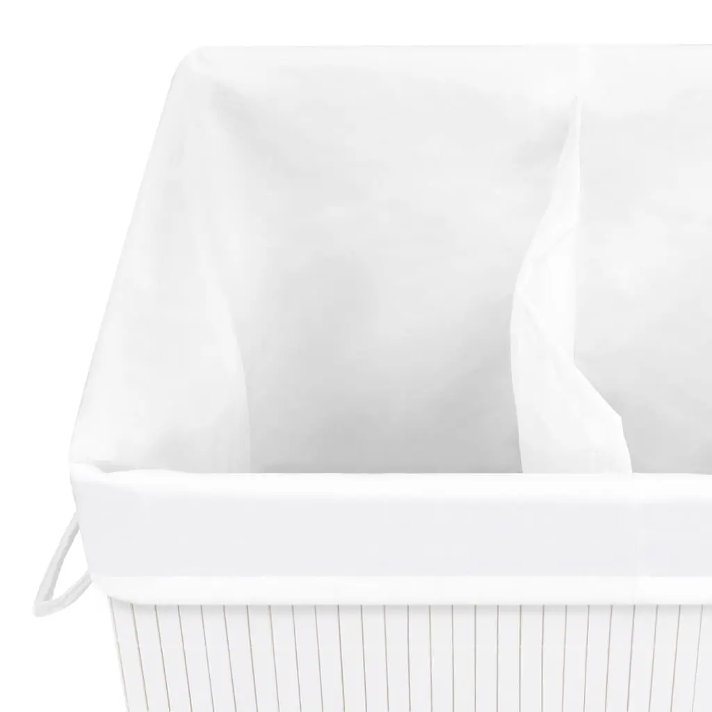 Bamboo Laundry Basket 72 Litres White Two Sections Removable Fabric Liner for Household Storage