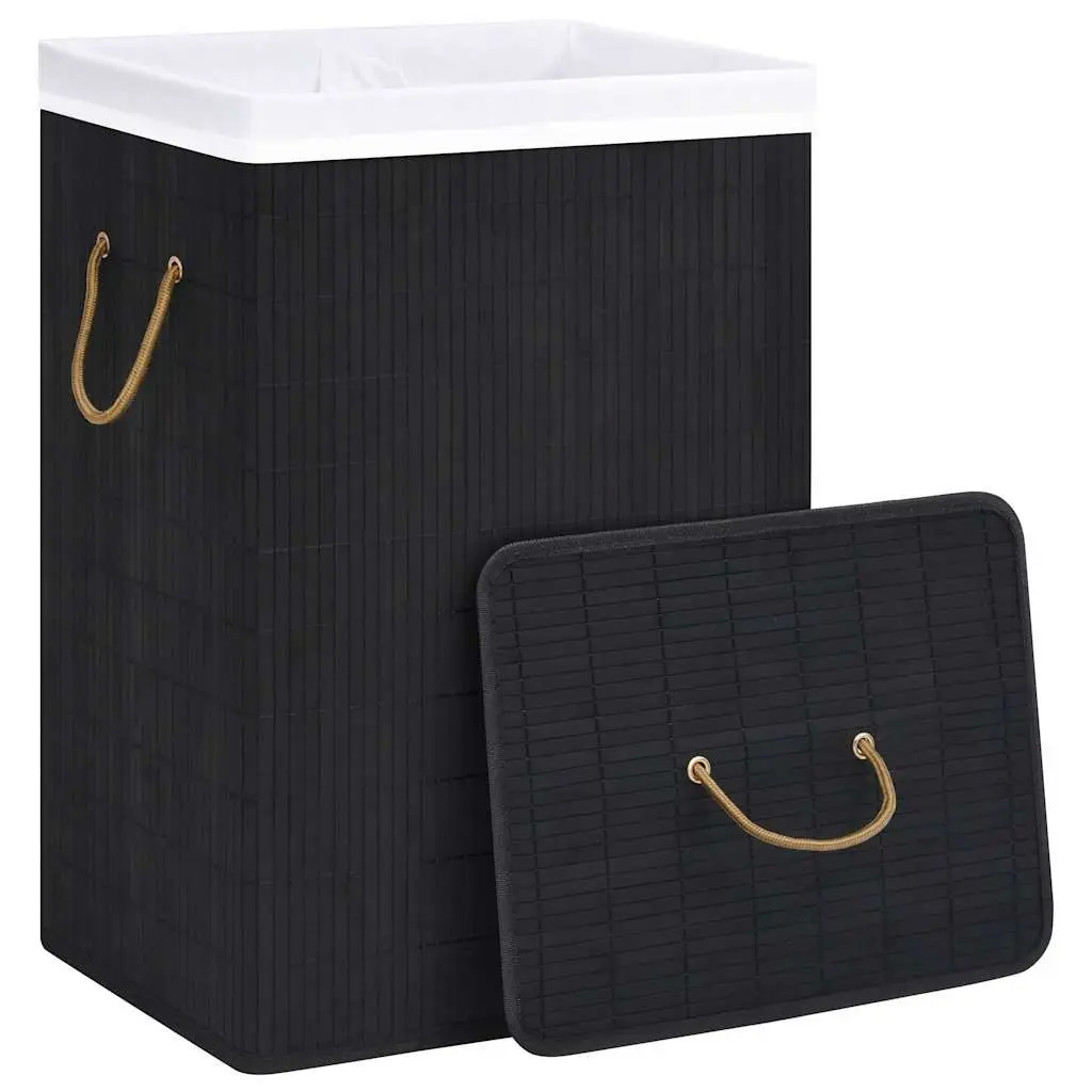 Bamboo Laundry Hamper Foldable Black 72L 2 Compartments with Removable Liner and Handles for Home Storage
