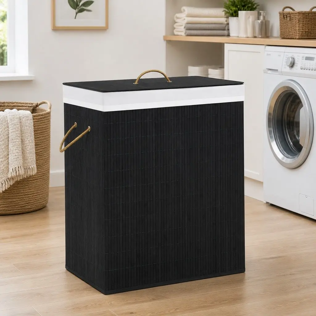 Bamboo Laundry Basket 2 Sections Black Removable Liner Handles Storage Organiser
