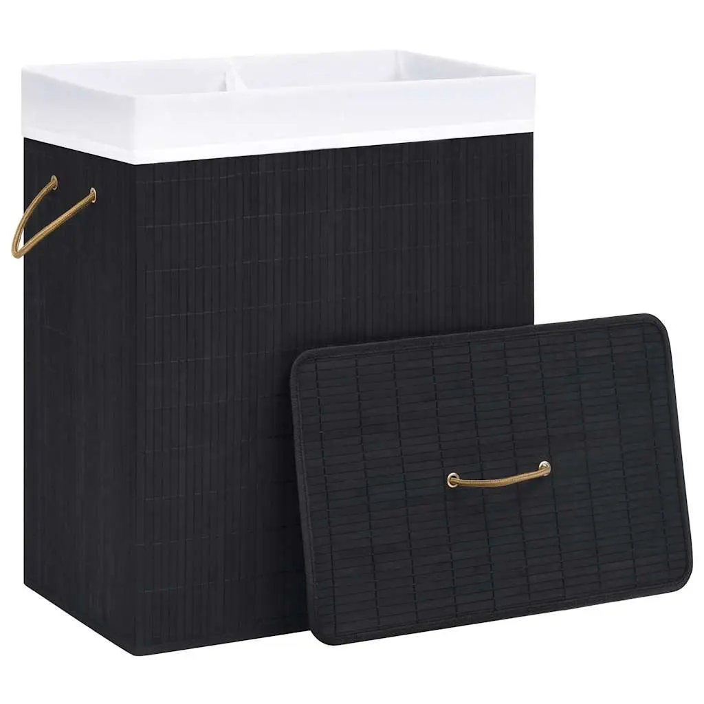 Bamboo Laundry Basket 2 Sections Black Removable Liner Handles Storage Organiser