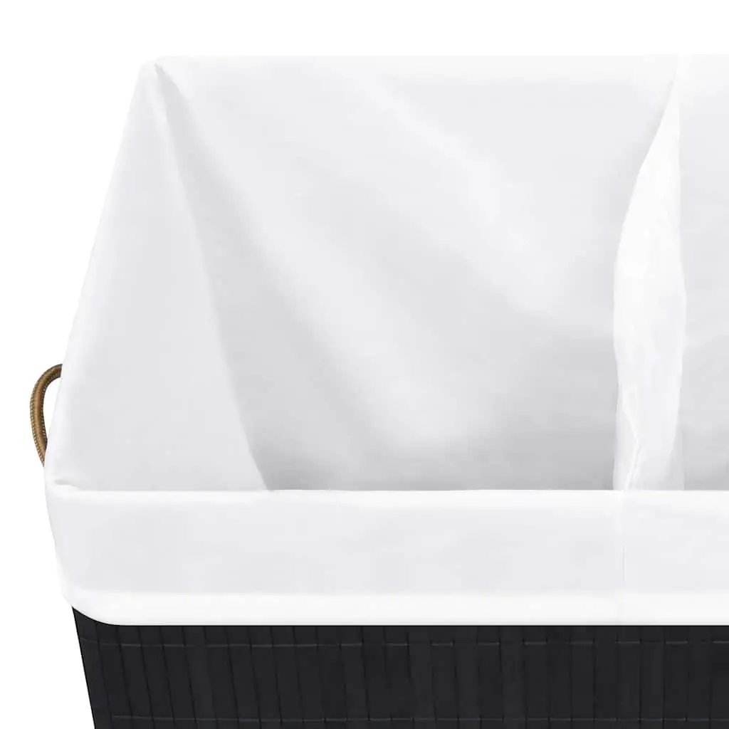 Bamboo Laundry Basket 2 Sections Black Removable Liner Handles Storage Organiser