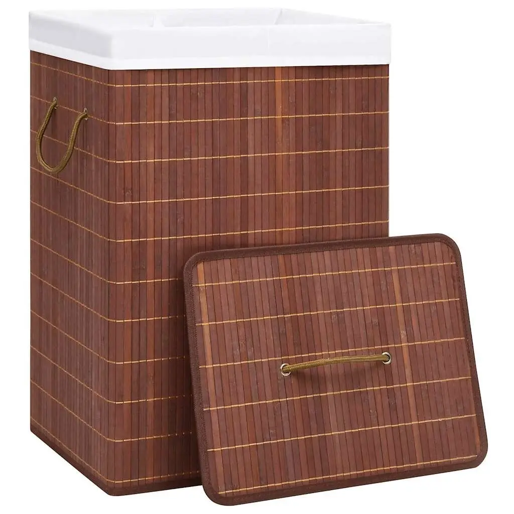 Foldable Bamboo Hamper Brown 72L with Handles 2 Sections Laundry Basket