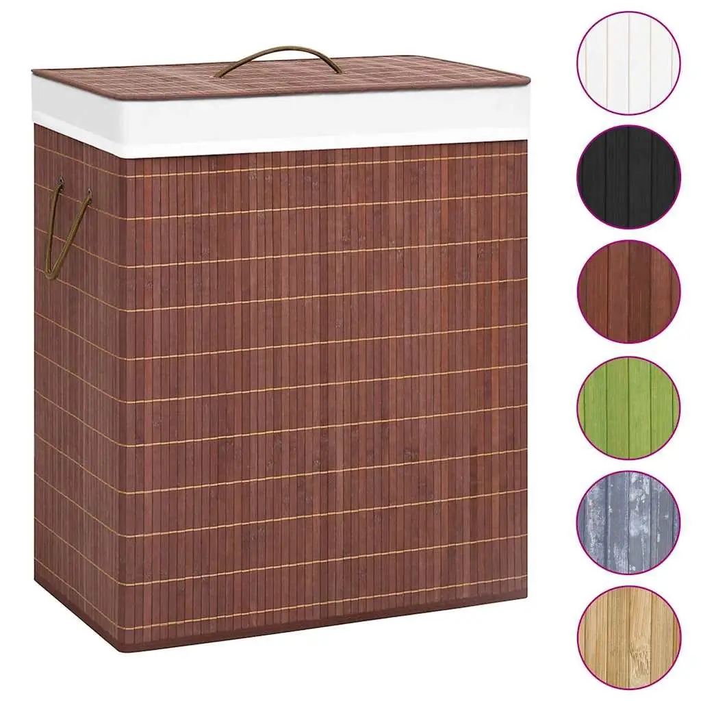Brown Bamboo Laundry Basket 2 Sections Foldable Household Organiser with Dual Handles