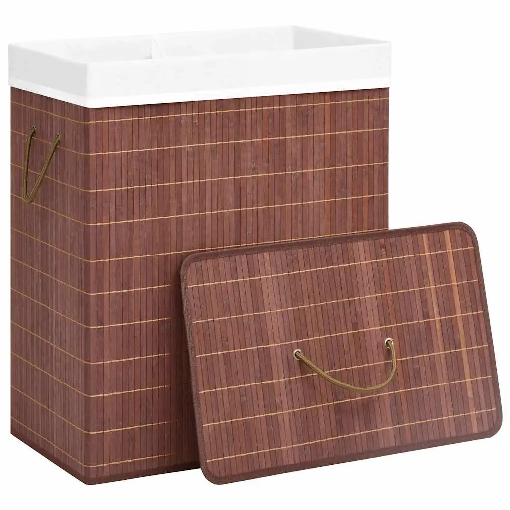 Brown Bamboo Laundry Basket 2 Sections Foldable Household Organiser with Dual Handles