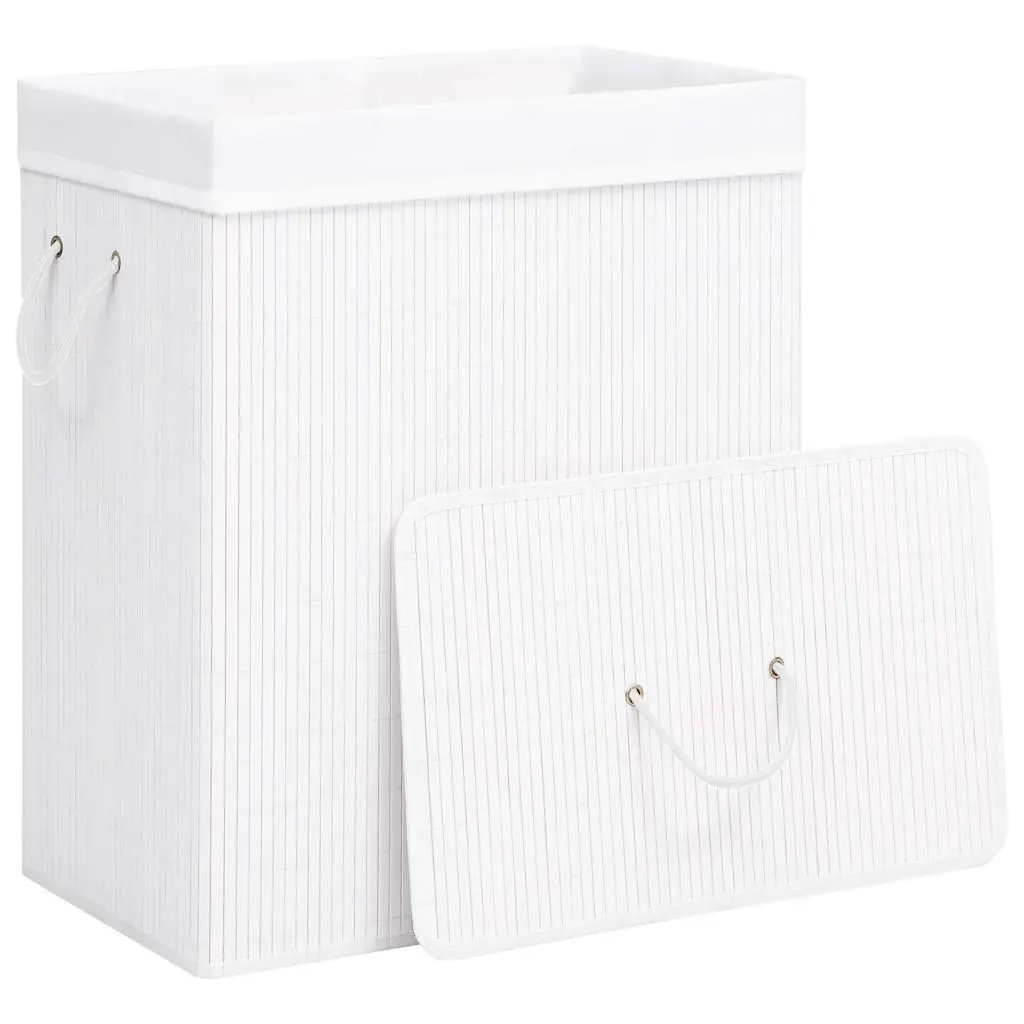 Bamboo Laundry Basket Single Section White 83L Hamper with Handles Storage