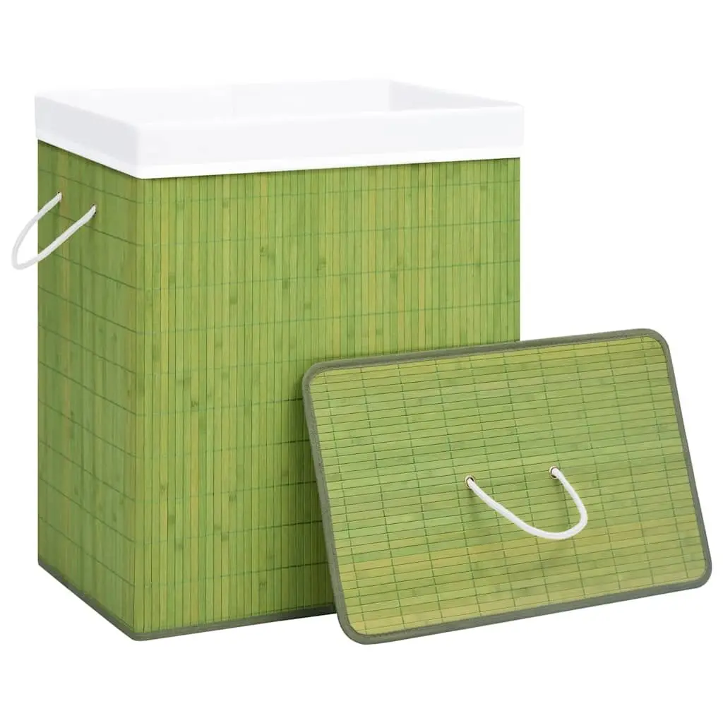 Bamboo Storage Hamper Green Single Section Collapsible Laundry Basket with Removable Liner for Household Organisation