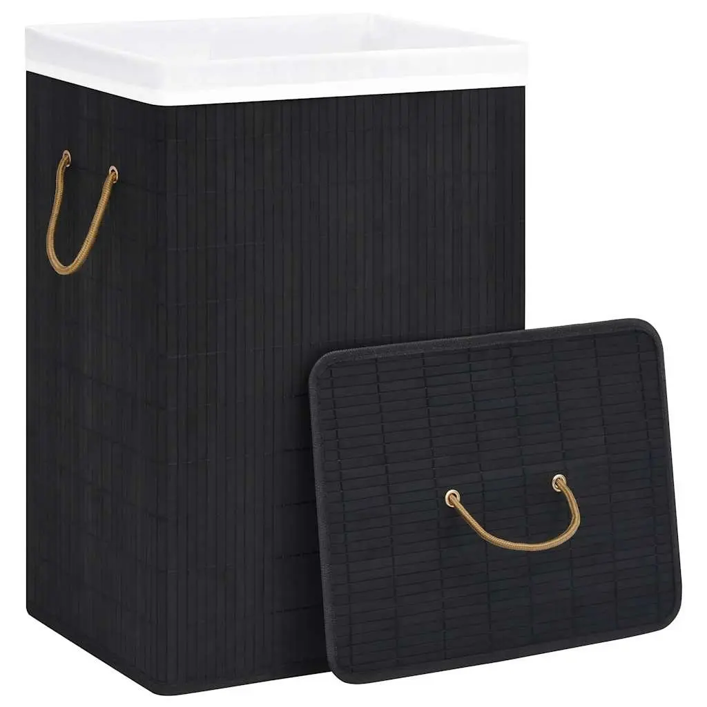 Bamboo Black Laundry Hamper Single Section with Removable Fabric Liner and Handles for Household Storage and Organization
