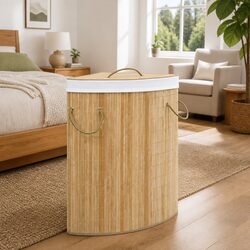 Bamboo Corner Laundry Basket 60L Brown Household Storage Hamper Removable Liner