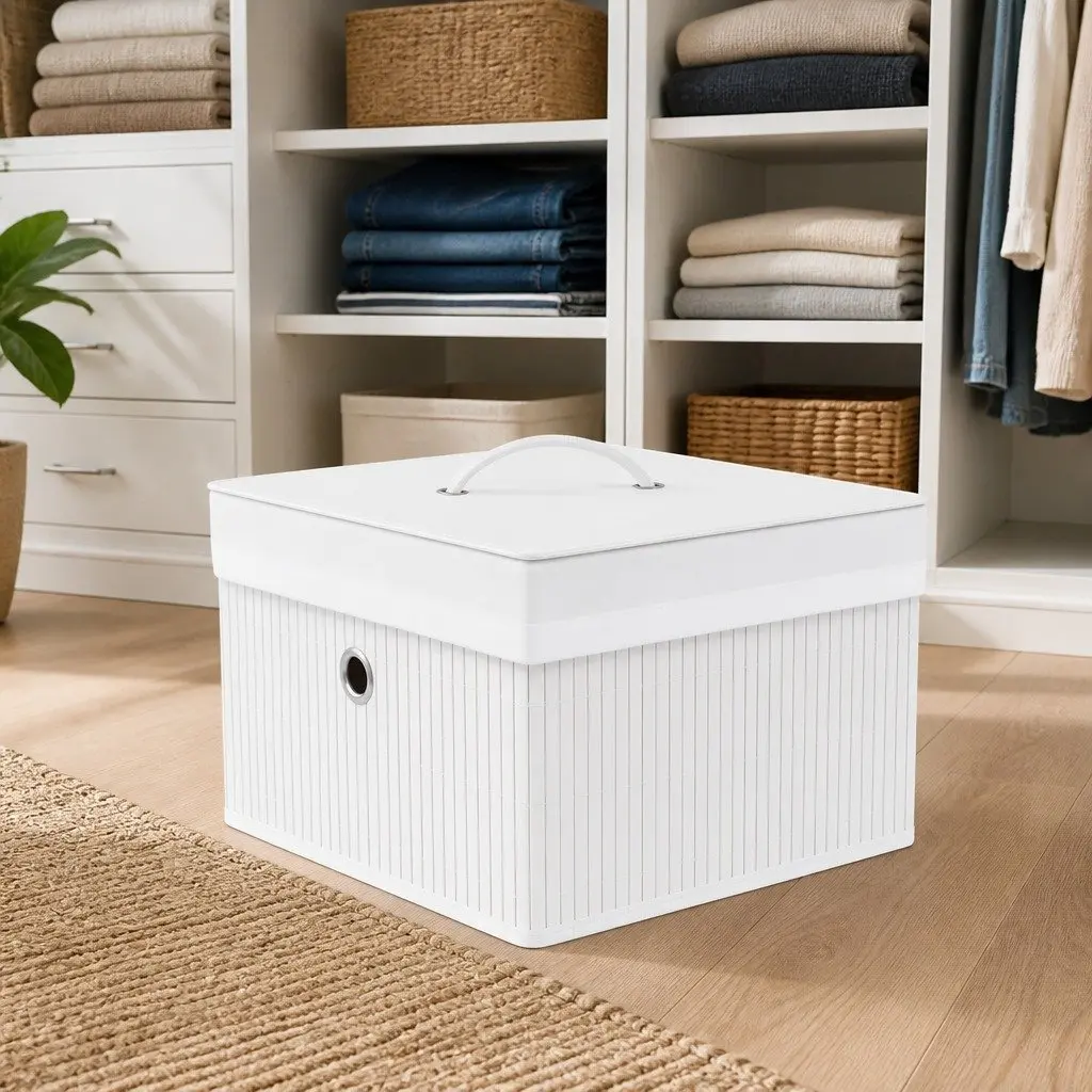 Foldable Bamboo Storage Boxes Set of 4 White for Household Organization and Wardrobe