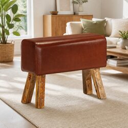 Gym Bok Bench 58 cm Brown Leather Seat Solid Wood Legs Padded Kitchen Dining