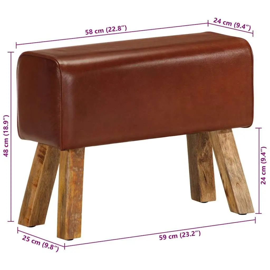 Gym Bok Bench Solid Mango Wood Legs 58 cm Brown Leather Seat Padded