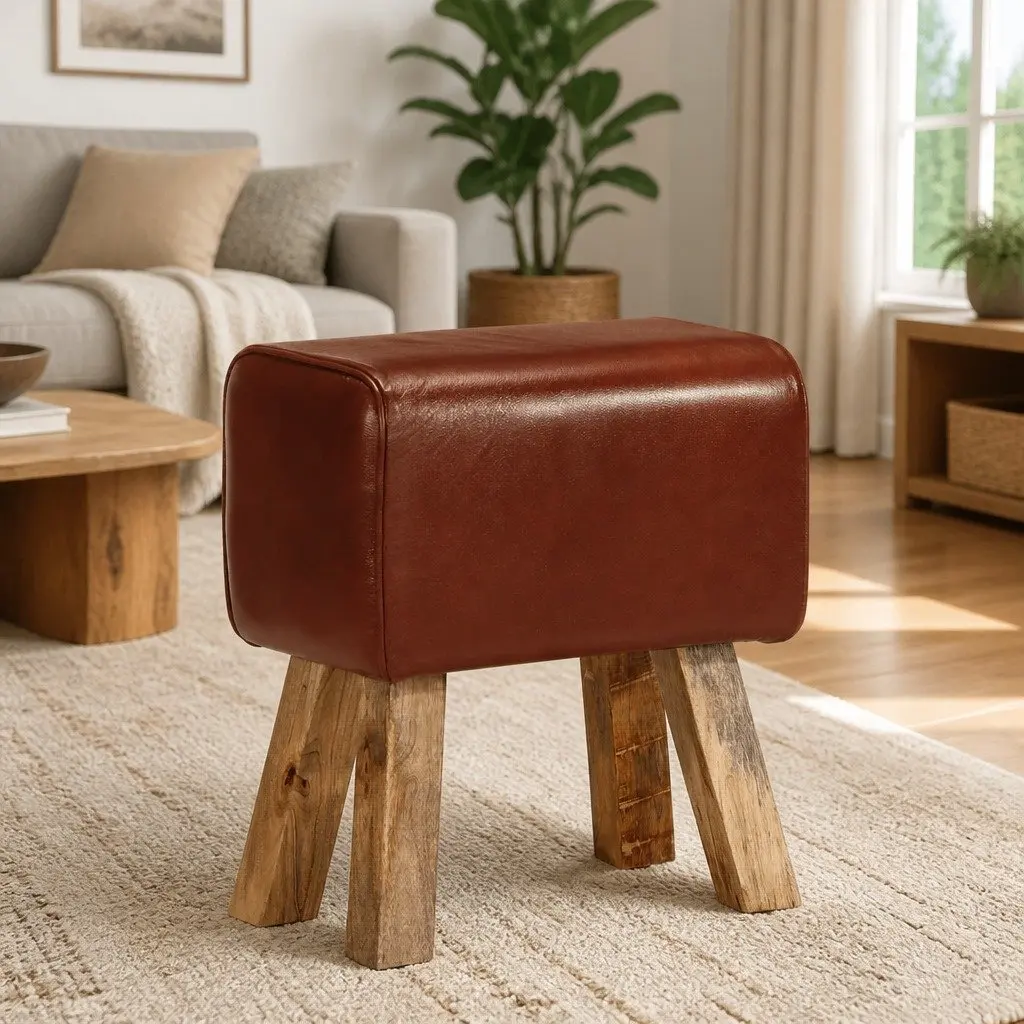 Gym Bok Bench Real Leather Seat 38cm Brown Solid Mango Wood Legs Padded