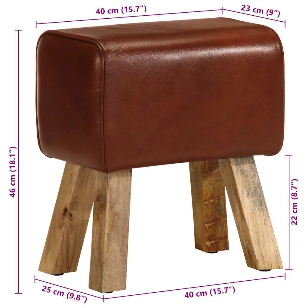 Gym Bok Bench Real Leather Seat 38cm Brown Solid Mango Wood Legs Padded