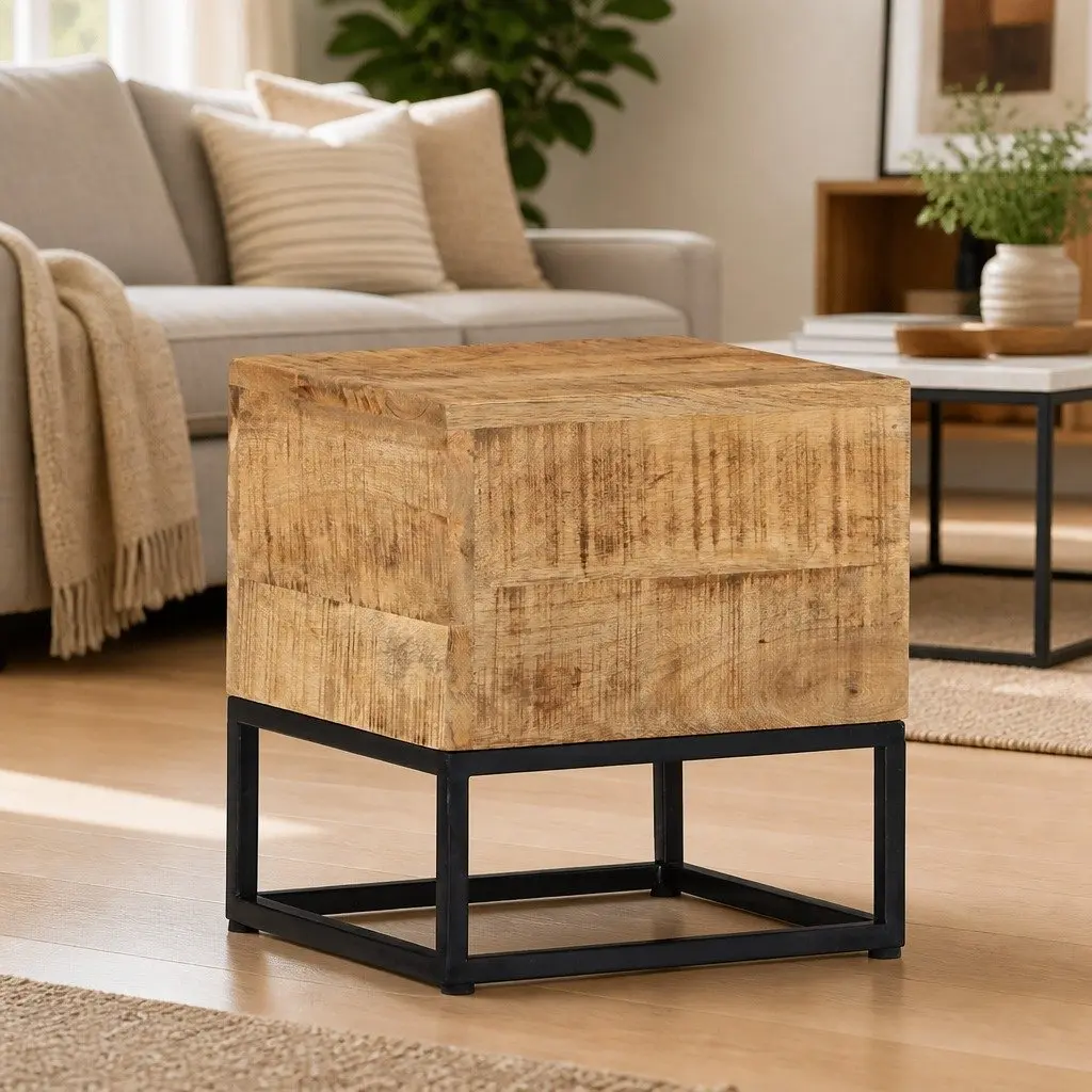 Side Table Rough Mango Wood 30x30x33 cm Brown with Powder Coated Iron Legs for Living Room Entryway