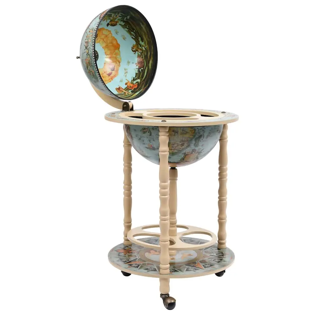 Mobile Globe Bar Stand Solid Wood Storage with Wheels Blue