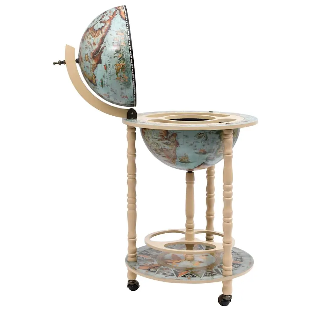 Mobile Globe Bar Stand Solid Wood Storage with Wheels Blue