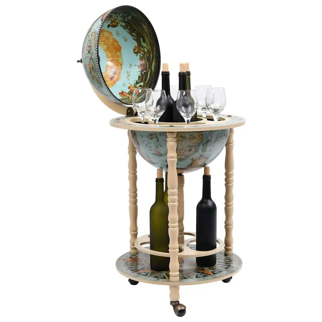 Mobile Globe Bar Stand Solid Wood Storage with Wheels Blue